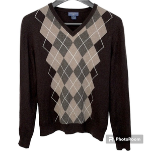 Joseph & Lyman 100% cashmere men’s XL brown, beige & white argyle‎ sweater.  EUC